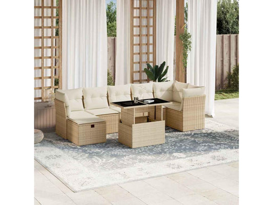 Ensemble de mobilier de jardin 8 pièces avec coussins, en résine tressée beige