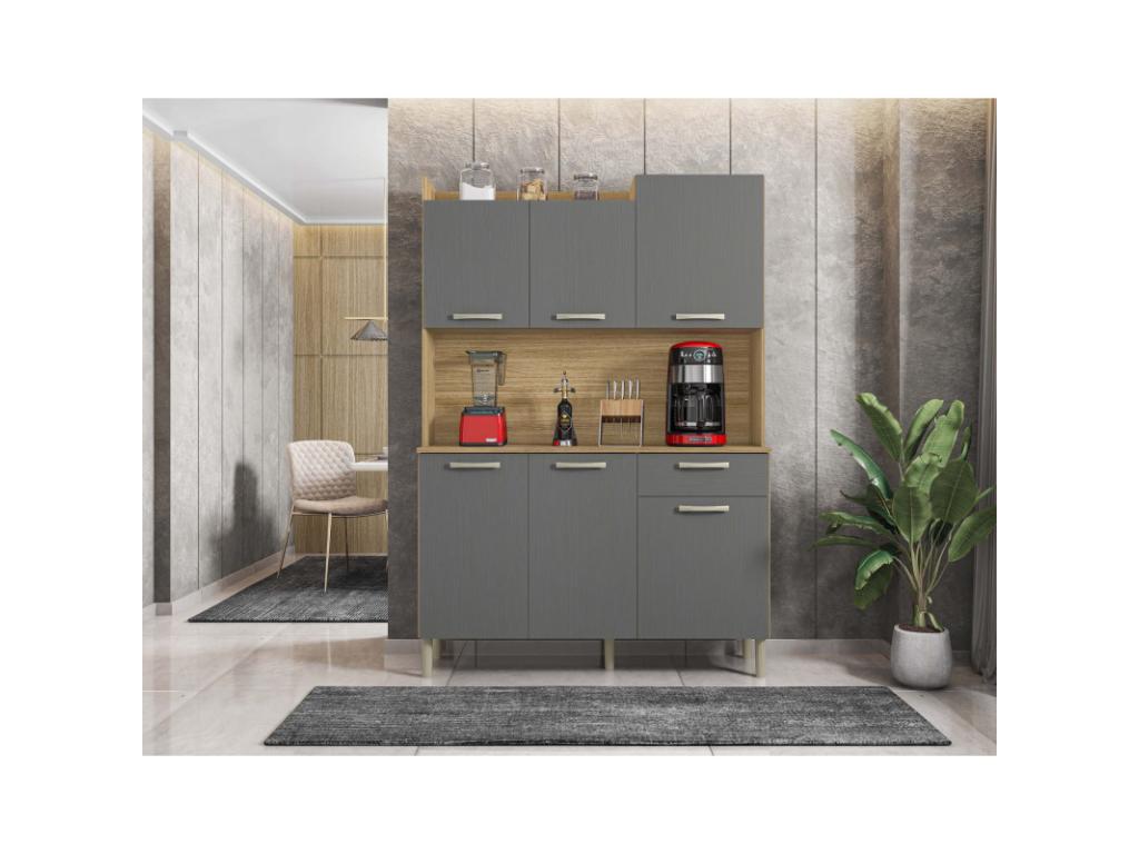 Buffet 6 portes en bois imitation chêne, 122 cm, gris