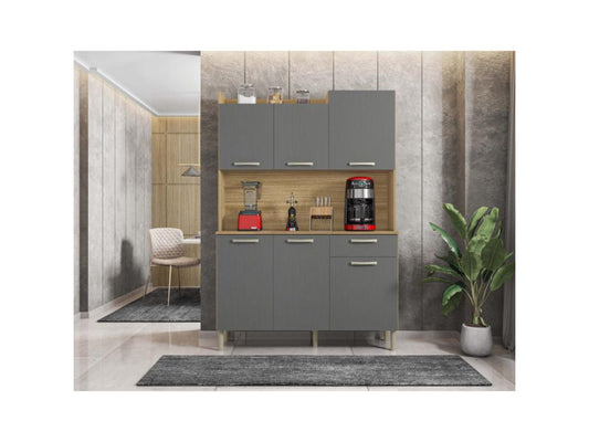 Buffet 6 portes en bois imitation chêne, 122 cm, gris