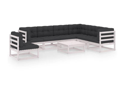 Ensemble de mobilier de jardin 8 pièces avec coussins, en pin massif blanc
