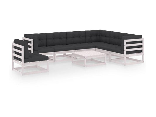 Ensemble de mobilier de jardin 8 pièces avec coussins, en pin massif blanc
