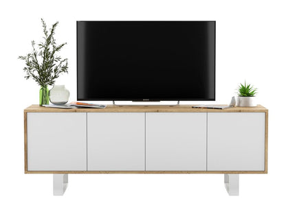 Meuble TV 4 portes en bois imitation chêne, 150 cm, blanc