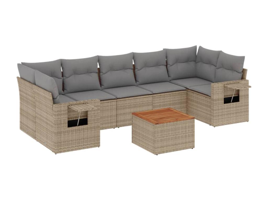 Ensemble de mobilier de jardin 8 pièces avec coussins, en résine tressée beige