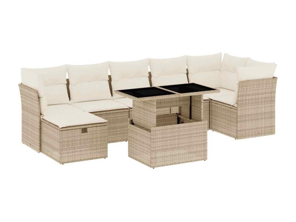 Ensemble de mobilier de jardin 8 pièces avec coussins, en résine tressée beige