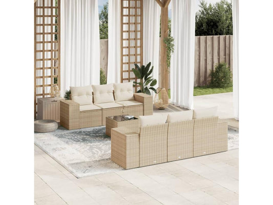 Ensemble de mobilier de jardin 7 pièces avec coussins, en résine tressée beige