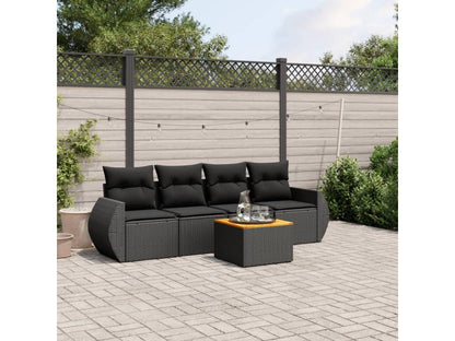 Ensemble de mobilier de jardin 5 pièces avec coussins, en résine tressée noire.